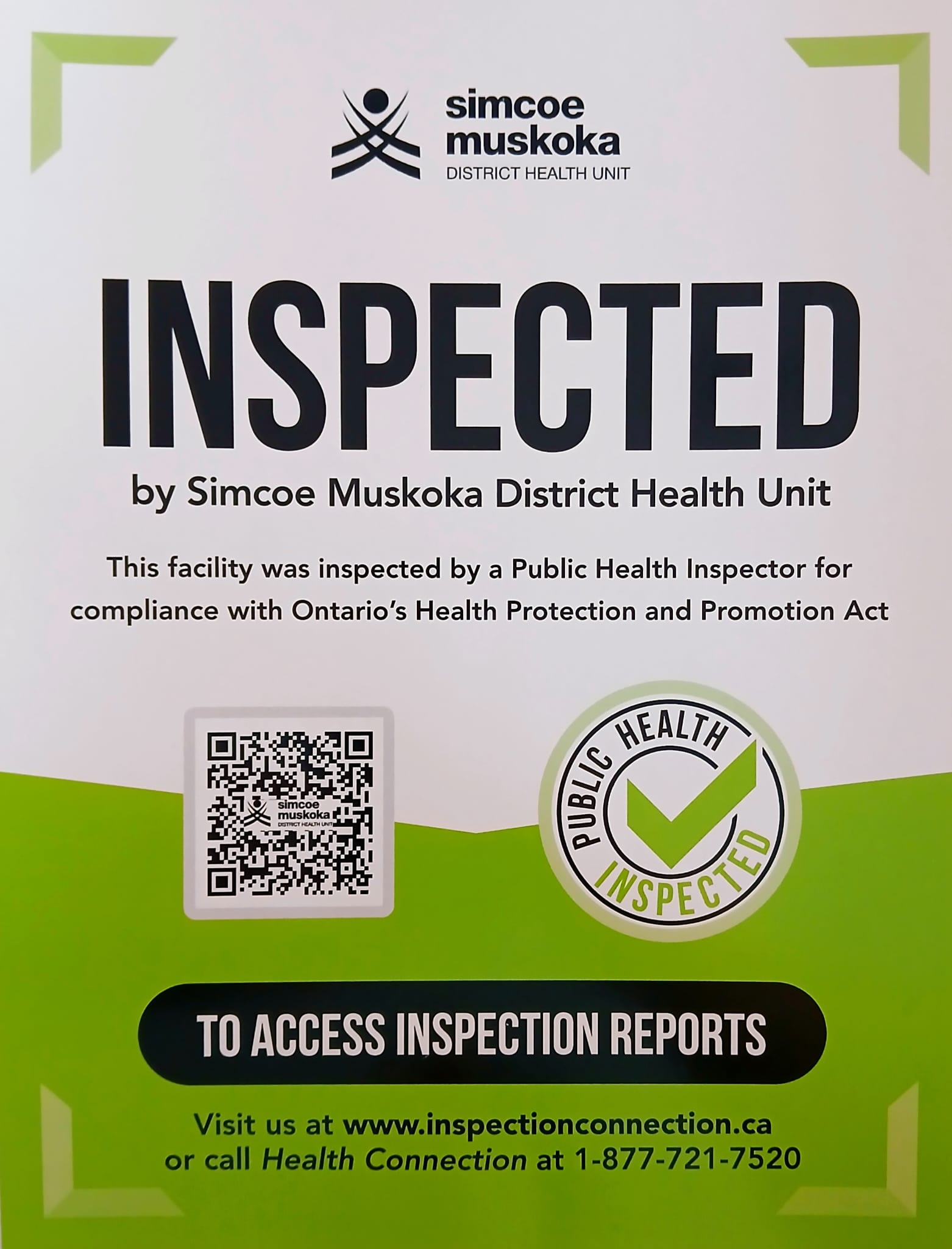Simcoe Muskoka District Health Unit inspected certificate